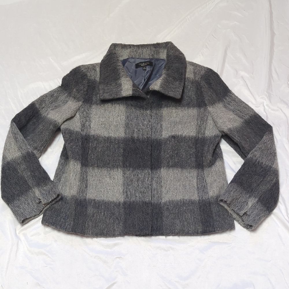 Talbots Grey Plaid Wool Alpaca Blend Full Zip Winter Classic Academia Jacket SEE